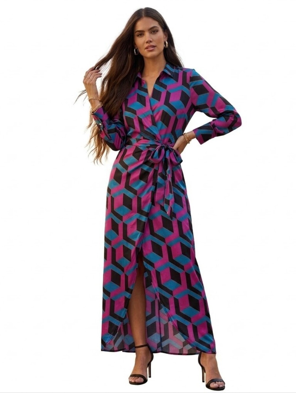 House of Harlow 1960 Wrap Knot Waist Geometric Maxi Dress in Magenta & Teal